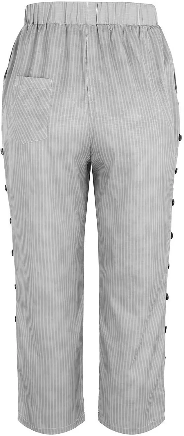 Linen Cropped Pants for Women Summer Trousers Plus Size Pants Trendy Drawstring Elastic Waist Joggers with Pockets