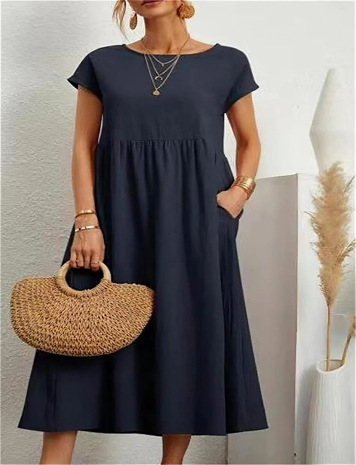 Linen Dress for Women Summer Trendy Short Sleeve Crewneck Maxi Dress Cotton Beach Dress with Pockets S-XXL