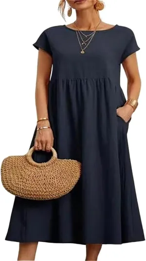 Linen Dress for Women Summer Trendy Short Sleeve Crewneck Maxi Dress Cotton Beach Dress with Pockets S-XXL