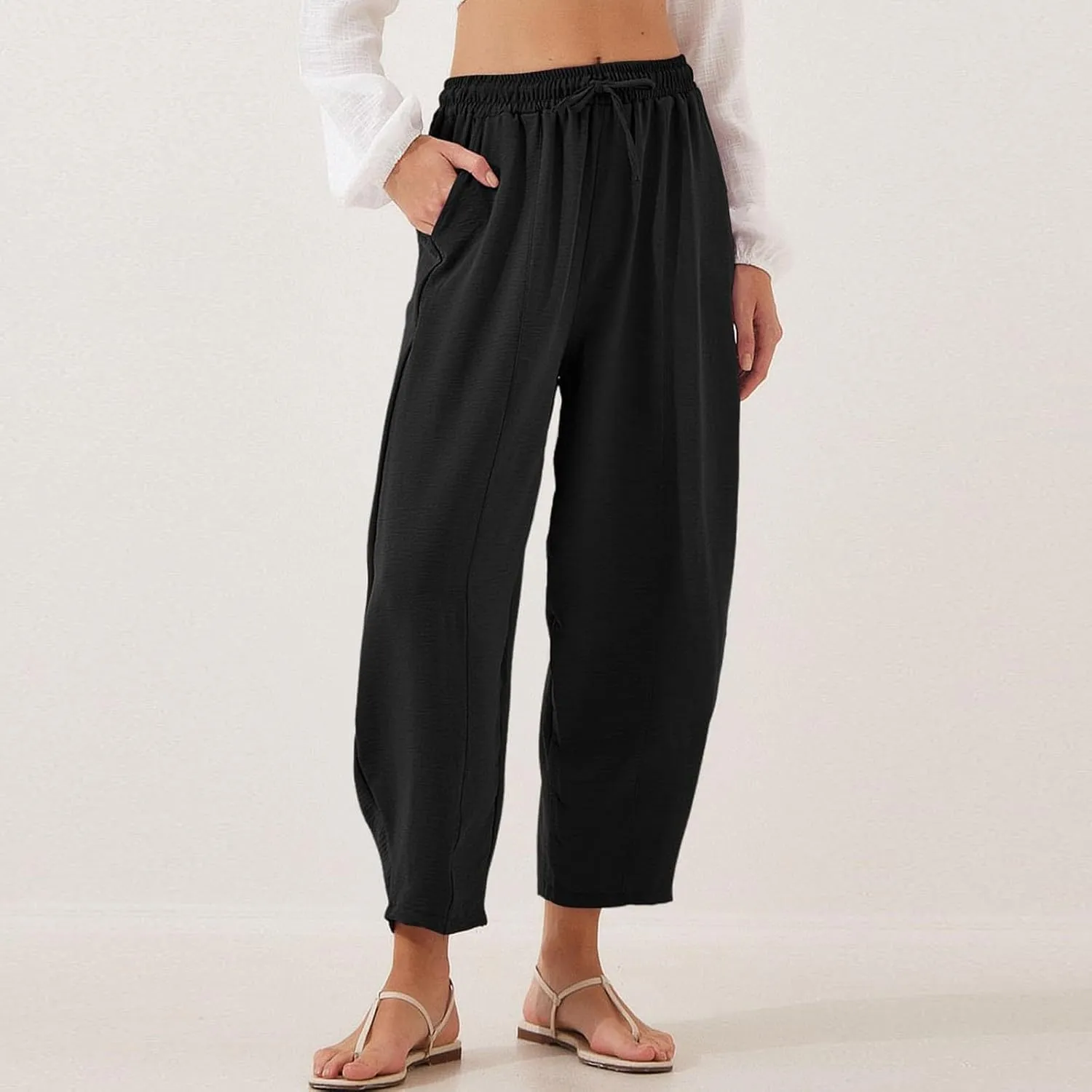 Linen Harem Pants Women Casual Summer High Waisted Beach Pants Baggy Lightweight Cropped Pant with Pockets