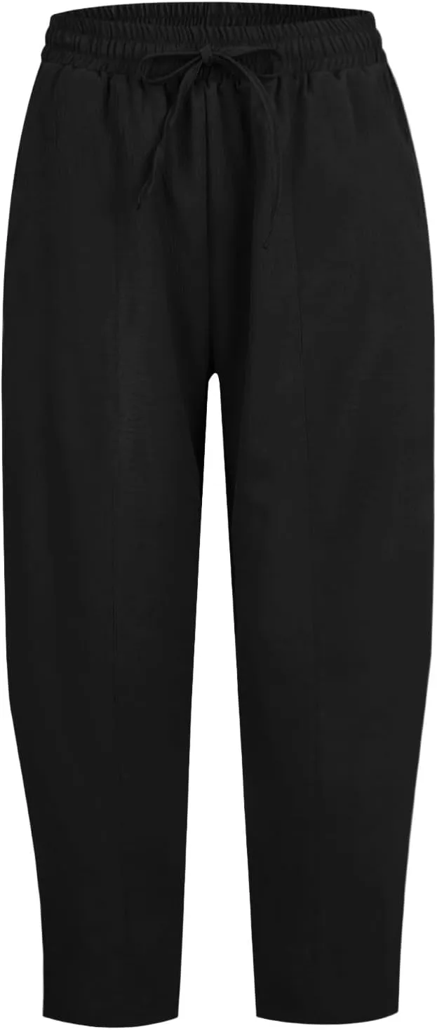 Linen Harem Pants Women Casual Summer High Waisted Beach Pants Baggy Lightweight Cropped Pant with Pockets
