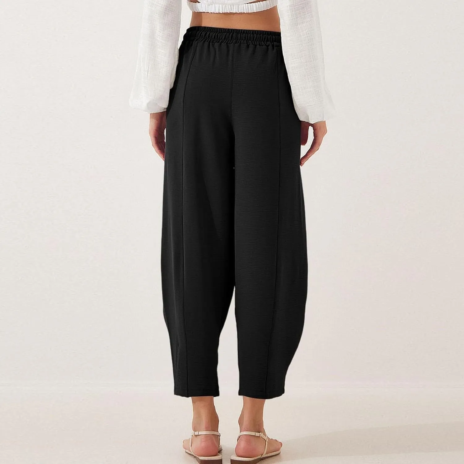 Linen Harem Pants Women Casual Summer High Waisted Beach Pants Baggy Lightweight Cropped Pant with Pockets