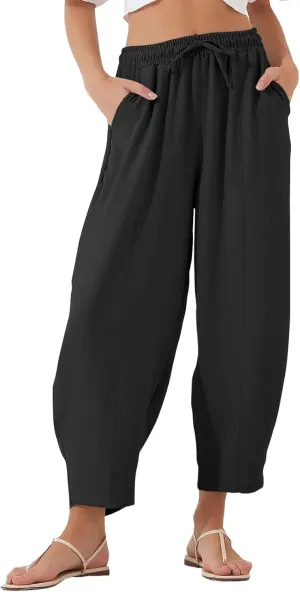 Linen Harem Pants Women Casual Summer High Waisted Beach Pants Baggy Lightweight Cropped Pant with Pockets