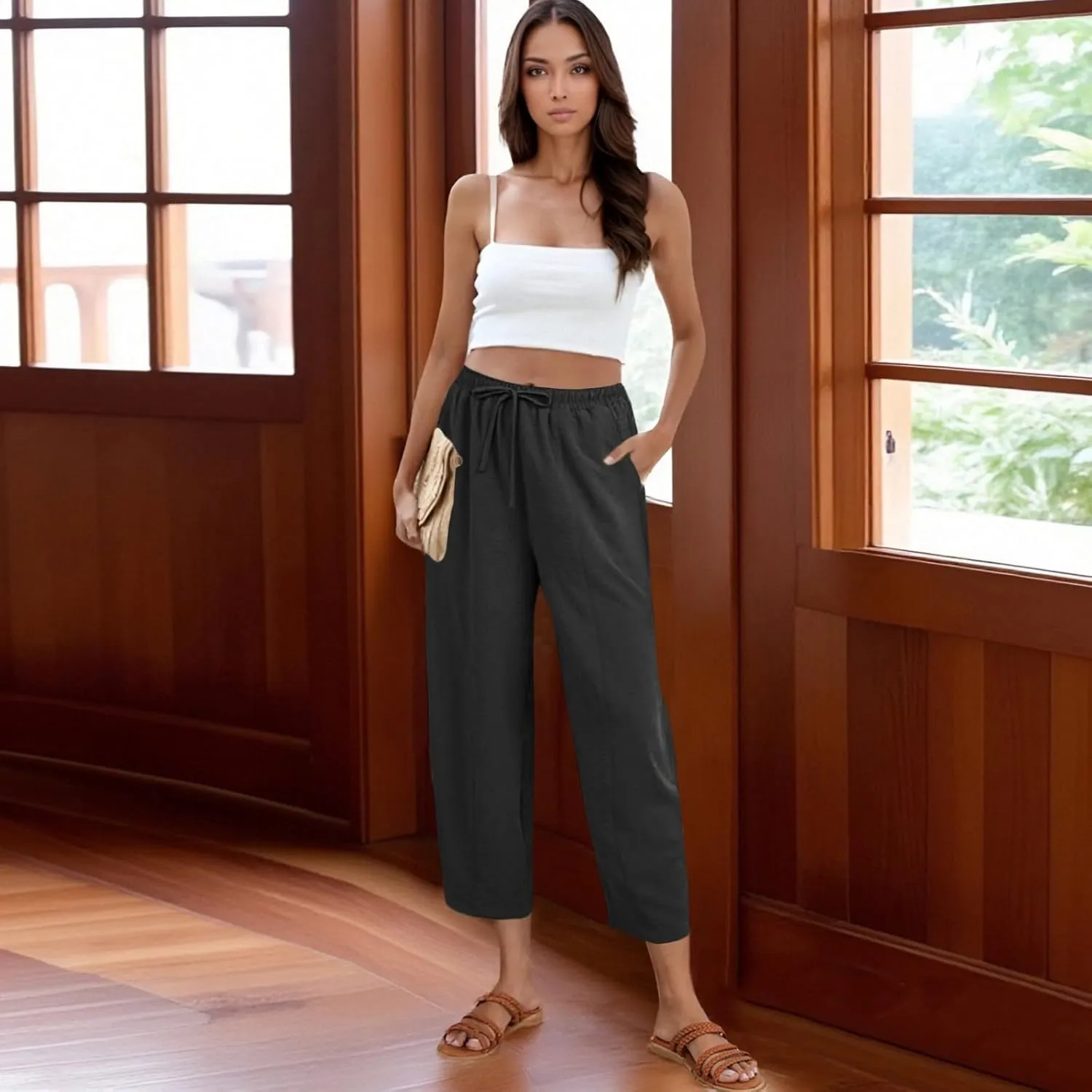 Linen Harem Pants Women Casual Summer High Waisted Beach Pants Baggy Lightweight Cropped Pant with Pockets