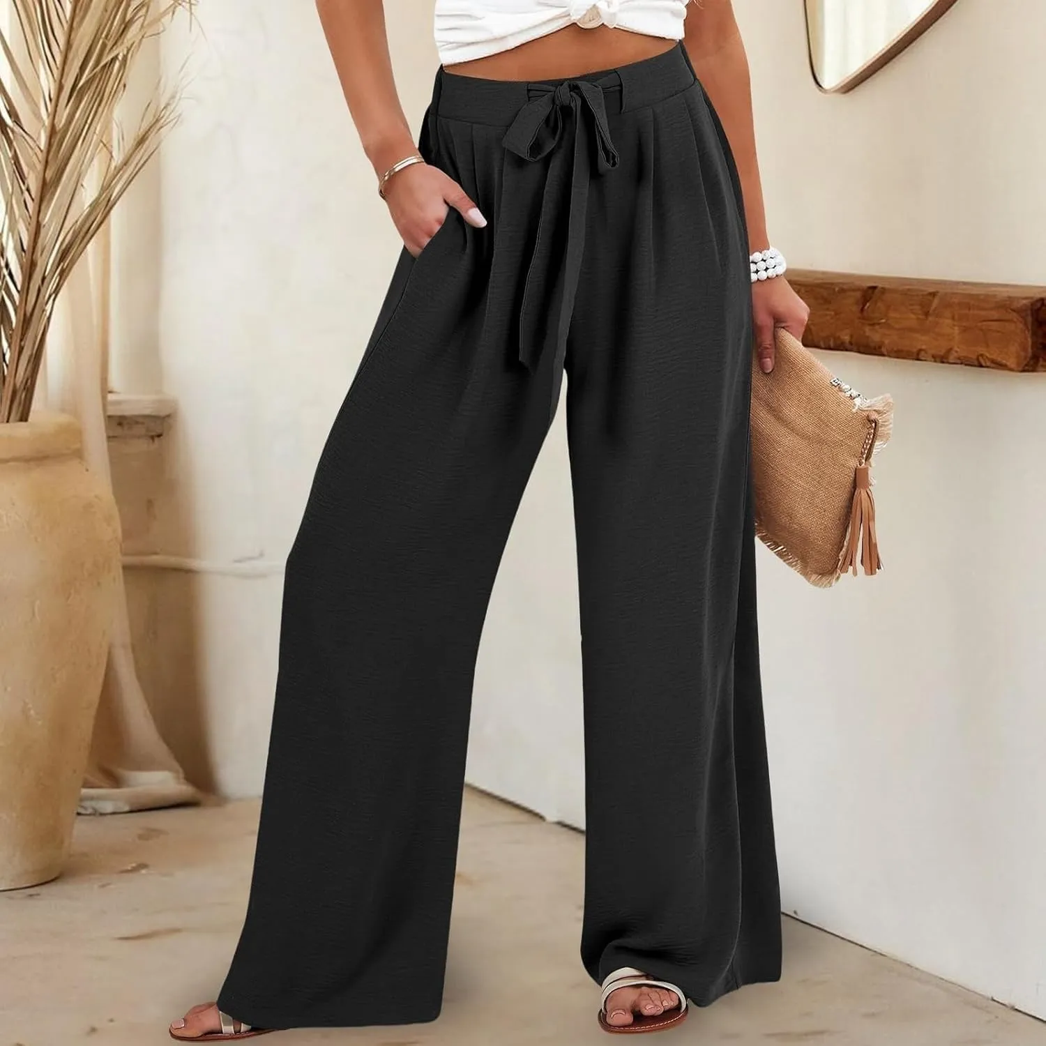 Linen Palazzo Pants for Women Flowy Wide Leg High Waist Drawstring Elastic Trousers with Pockets Lounge Baggy Pant
