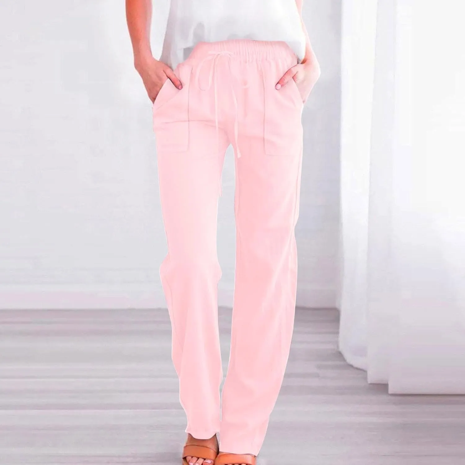 Linen Pants for Women Casual Relaxed Fit Elastic Waist Pant Straight Leg Drawstring Lounge Trousers with Pockets