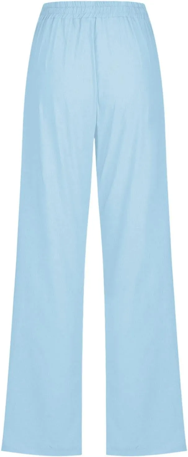 Linen Pants for Women Casual Relaxed Fit Elastic Waist Pant Straight Leg Drawstring Lounge Trousers with Pockets