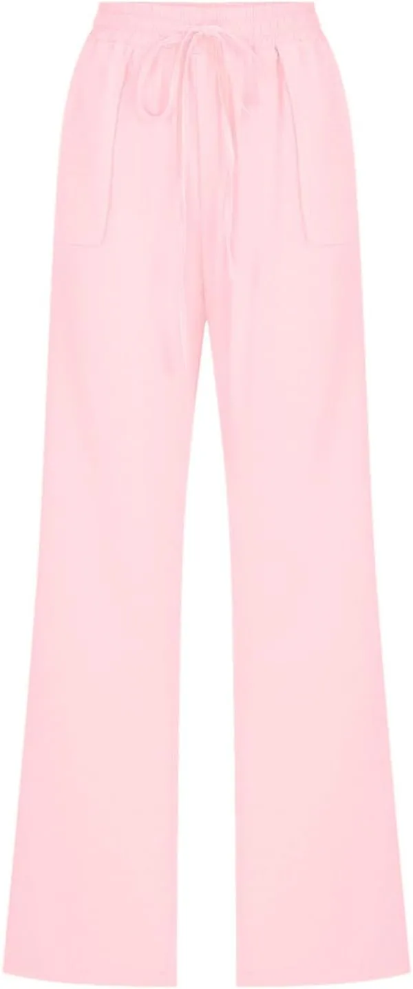 Linen Pants for Women Casual Relaxed Fit Elastic Waist Pant Straight Leg Drawstring Lounge Trousers with Pockets