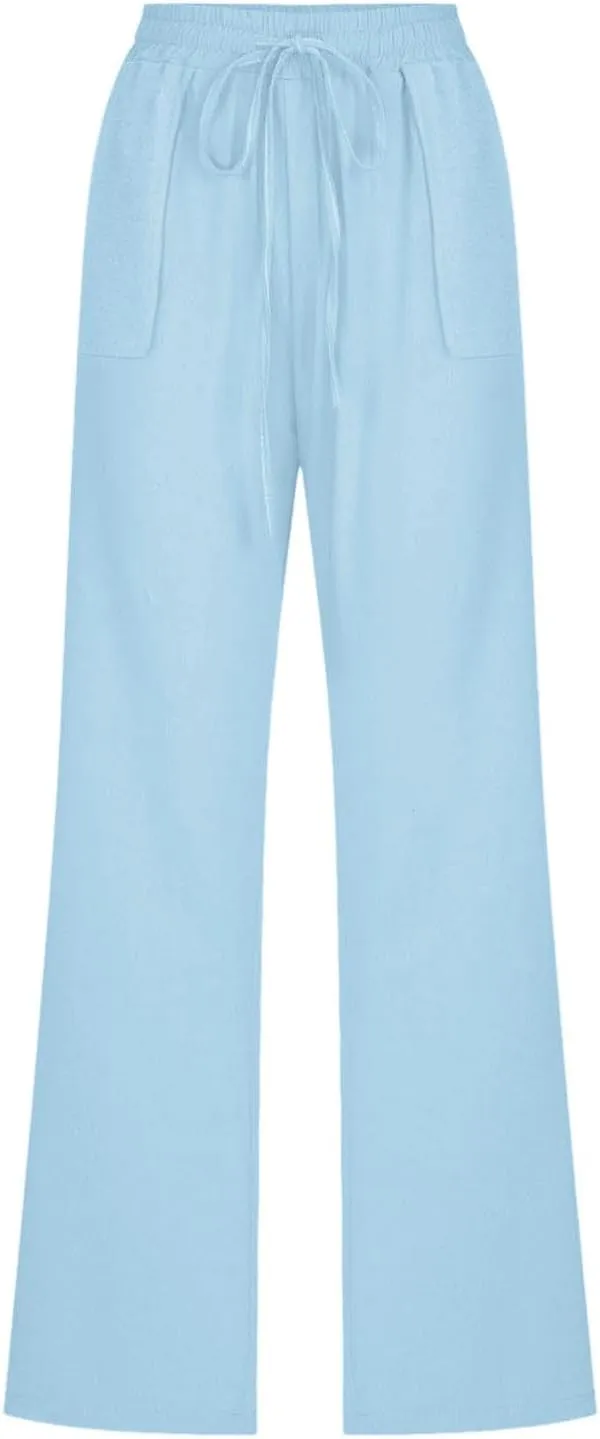 Linen Pants for Women Casual Relaxed Fit Elastic Waist Pant Straight Leg Drawstring Lounge Trousers with Pockets