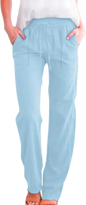 Linen Pants for Women Casual Relaxed Fit Elastic Waist Pant Straight Leg Drawstring Lounge Trousers with Pockets