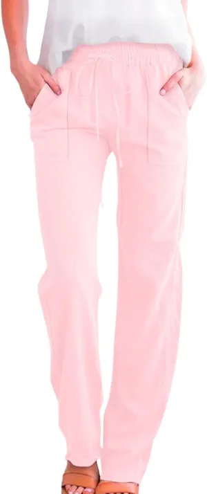 Linen Pants for Women Casual Relaxed Fit Elastic Waist Pant Straight Leg Drawstring Lounge Trousers with Pockets