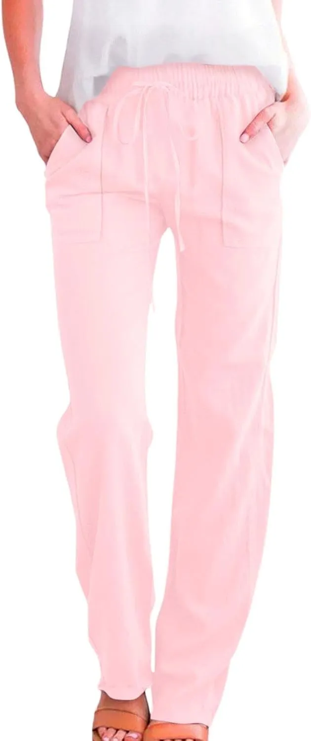 Linen Pants for Women Casual Relaxed Fit Elastic Waist Pant Straight Leg Drawstring Lounge Trousers with Pockets