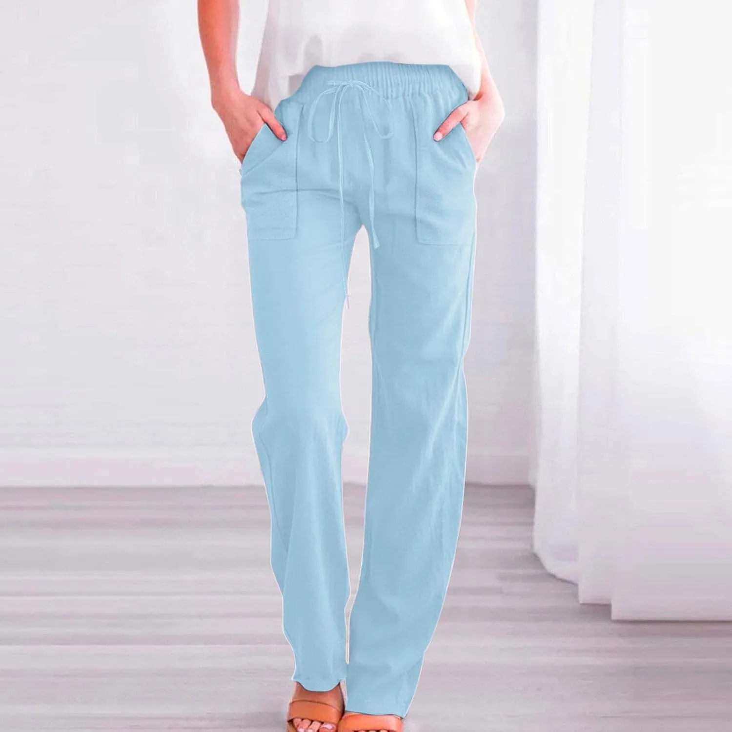 Linen Pants for Women Casual Relaxed Fit Elastic Waist Pant Straight Leg Drawstring Lounge Trousers with Pockets