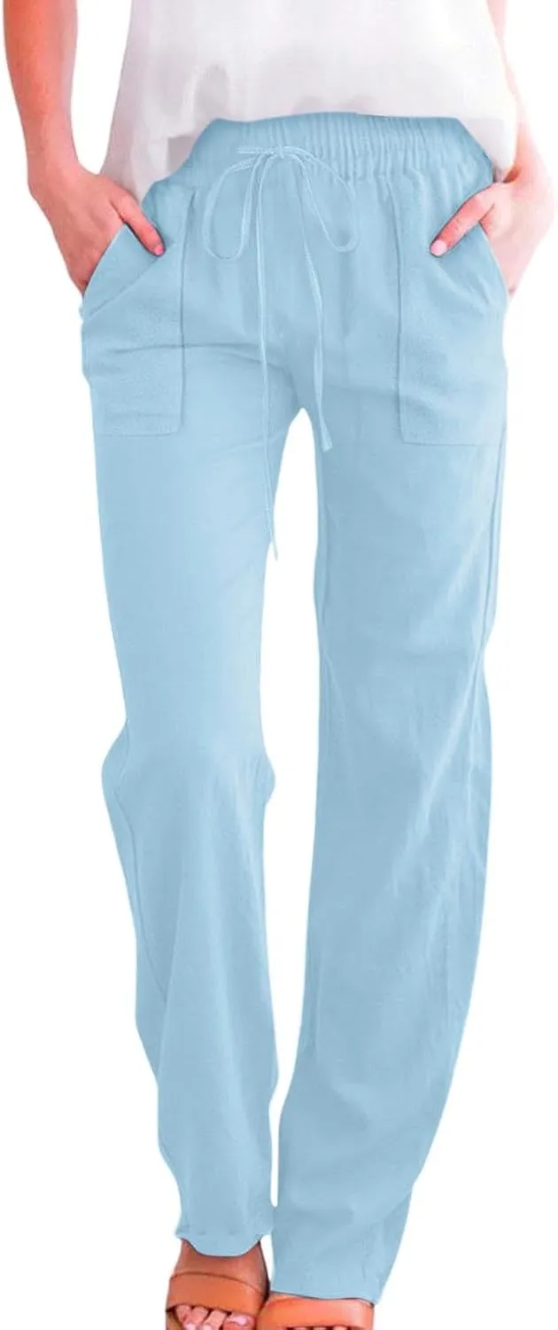 Linen Pants for Women Casual Relaxed Fit Elastic Waist Pant Straight Leg Drawstring Lounge Trousers with Pockets