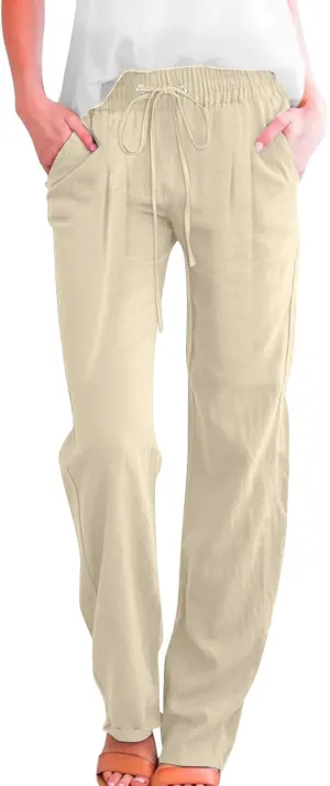Linen Pants for Women Pleated High Waist Drawstring Comfy Casual Pants Lightweight Loose Trousers with Pockets
