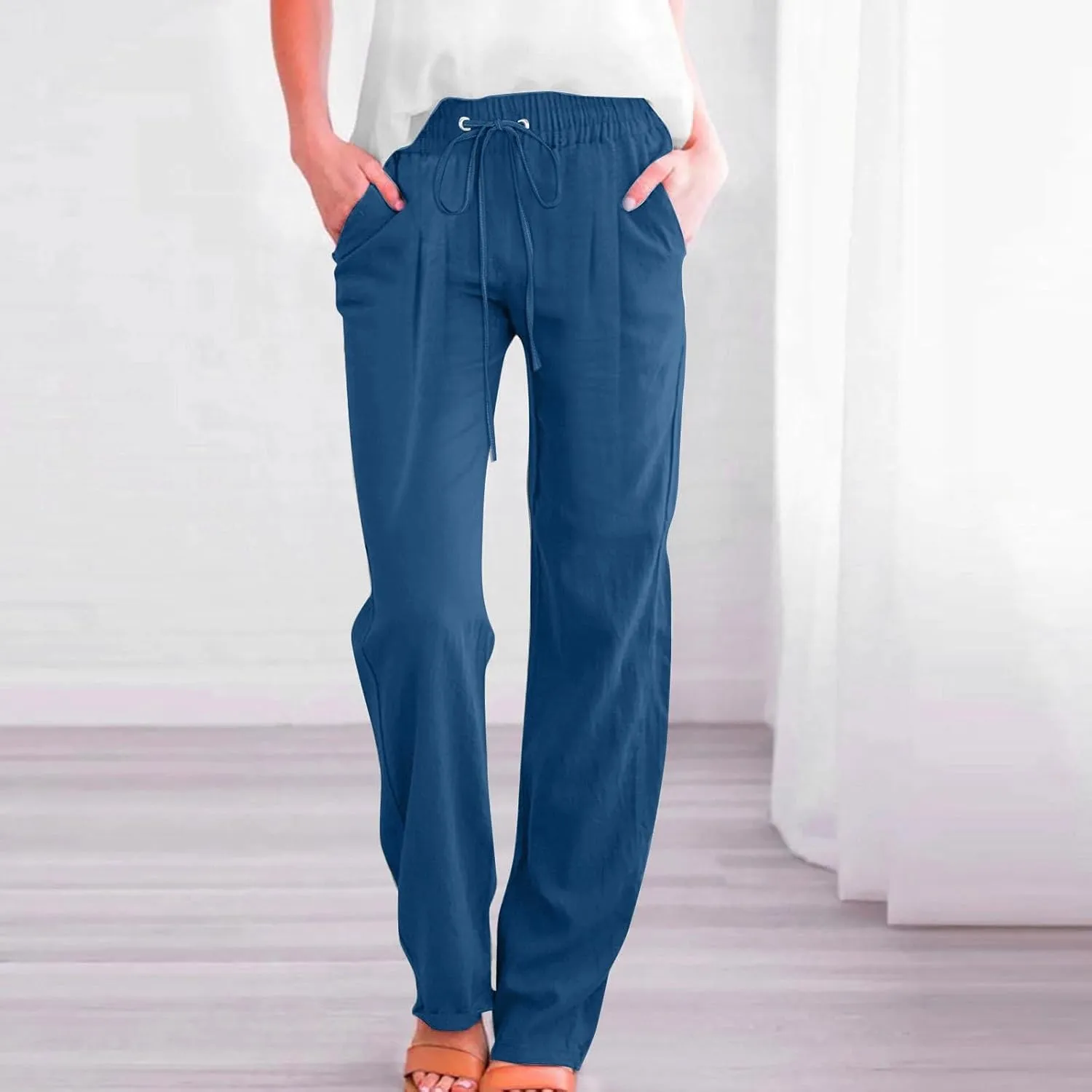 Linen Pants for Women Pleated High Waist Drawstring Comfy Casual Pants Lightweight Loose Trousers with Pockets