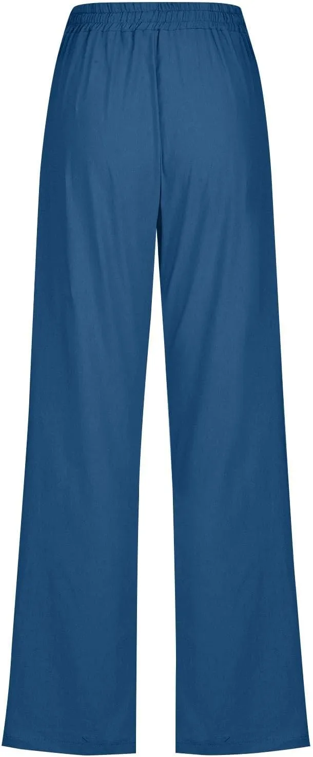 Linen Pants for Women Pleated High Waist Drawstring Comfy Casual Pants Lightweight Loose Trousers with Pockets