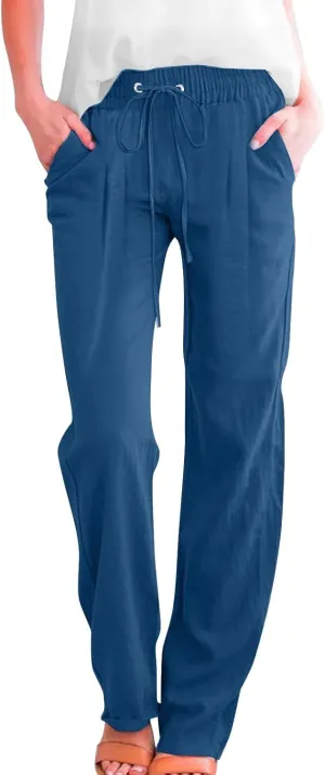 Linen Pants for Women Pleated High Waist Drawstring Comfy Casual Pants Lightweight Loose Trousers with Pockets