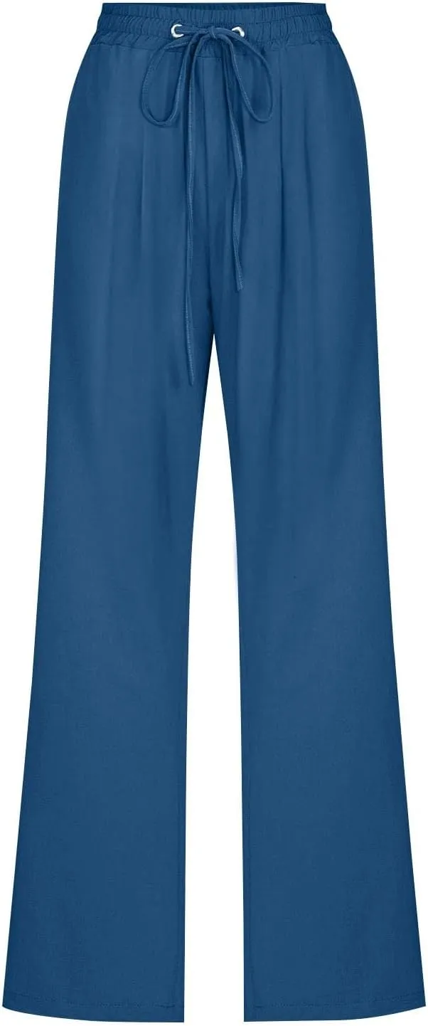 Linen Pants for Women Pleated High Waist Drawstring Comfy Casual Pants Lightweight Loose Trousers with Pockets