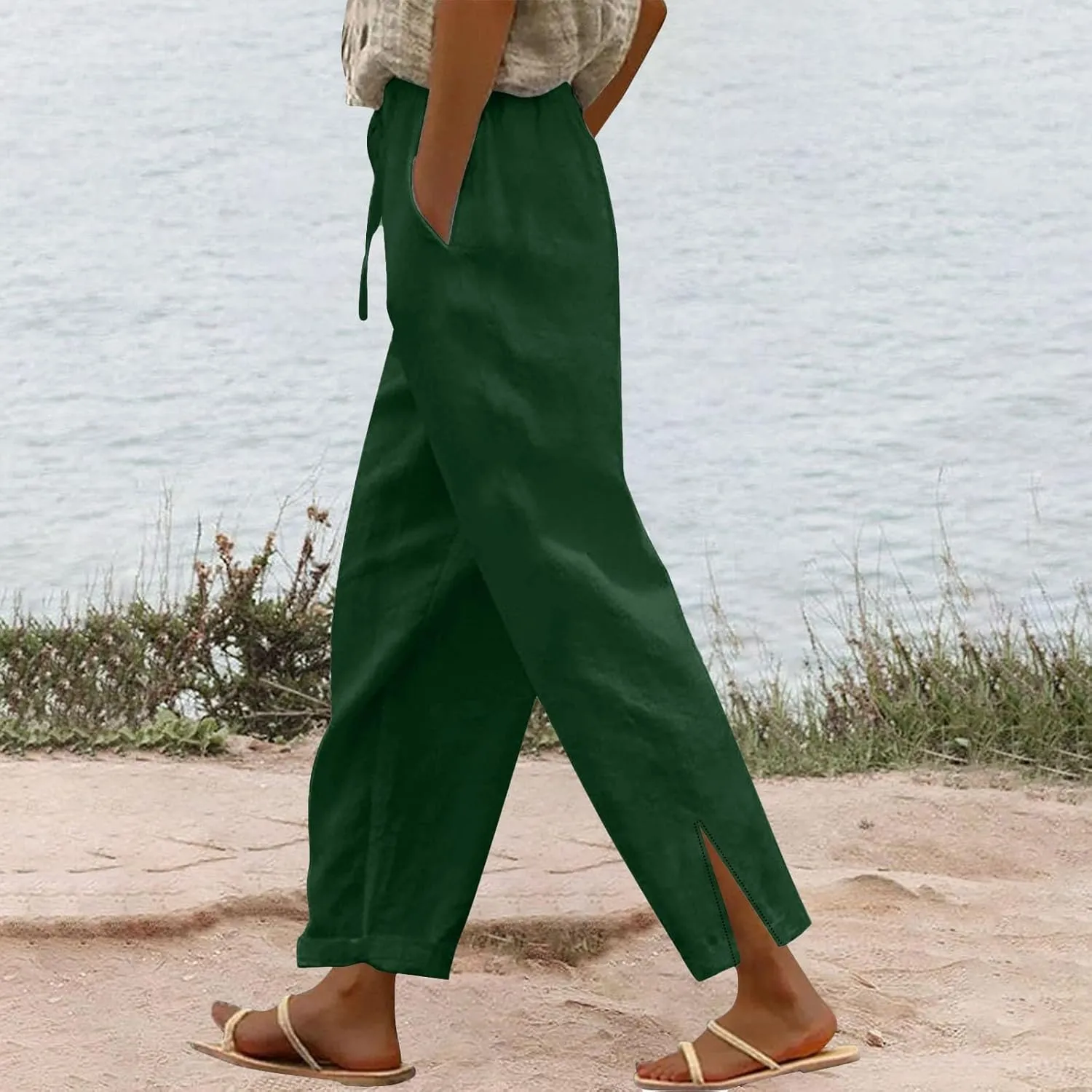 Linen Pants for Women Summer High Waist Elastic Straight Leg Lounge Pant Casual Loose Lightweight Beach Trousers 2025