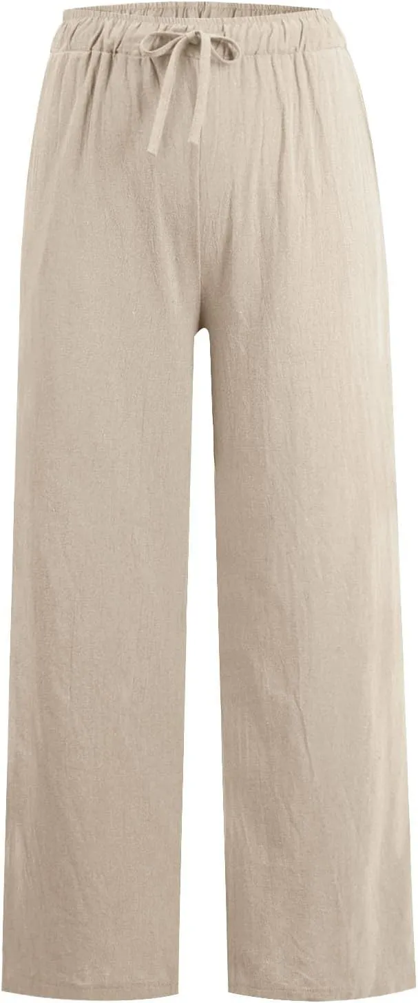 Linen Pants Women Casual Summer Drawstring Waist Wide Leg Pants with Pockets Baggy Lightweight Beach Trousers
