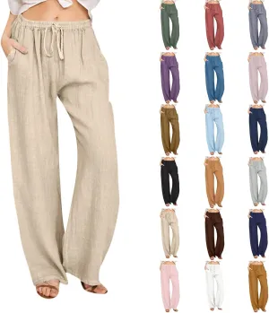 Linen Pants Women Casual Summer Drawstring Waist Wide Leg Pants with Pockets Baggy Lightweight Beach Trousers