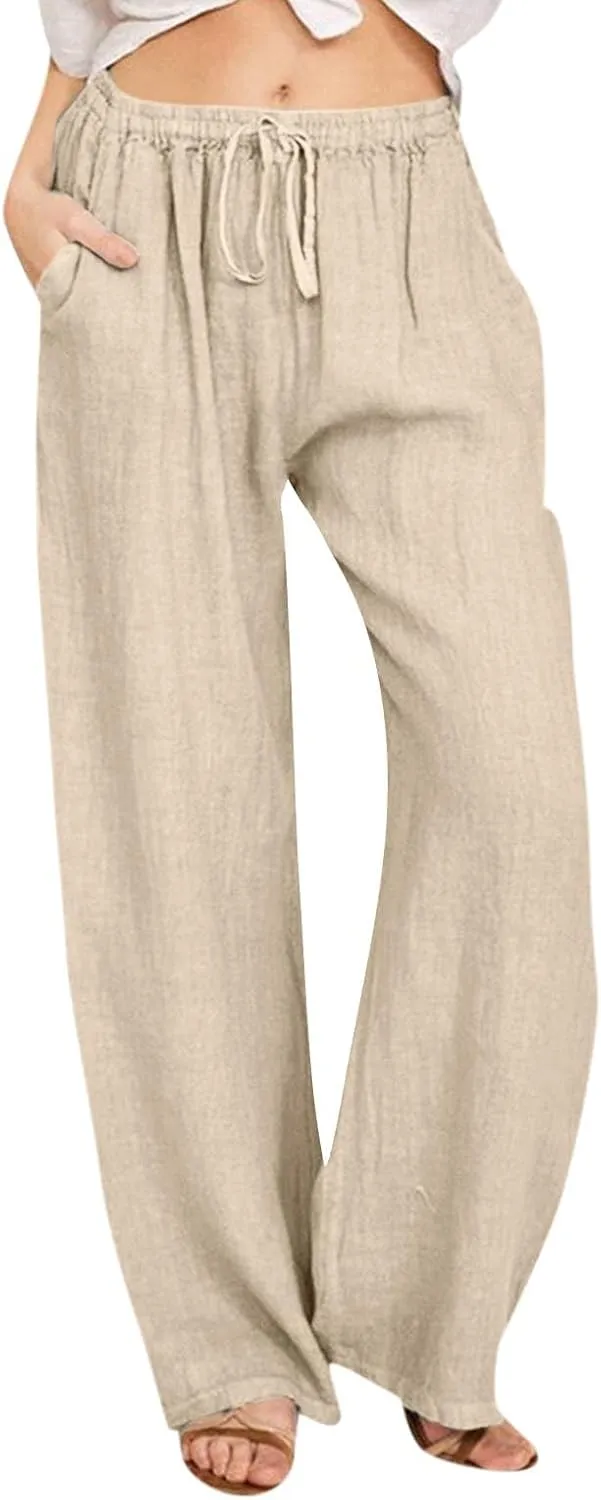 Linen Pants Women Casual Summer Drawstring Waist Wide Leg Pants with Pockets Baggy Lightweight Beach Trousers