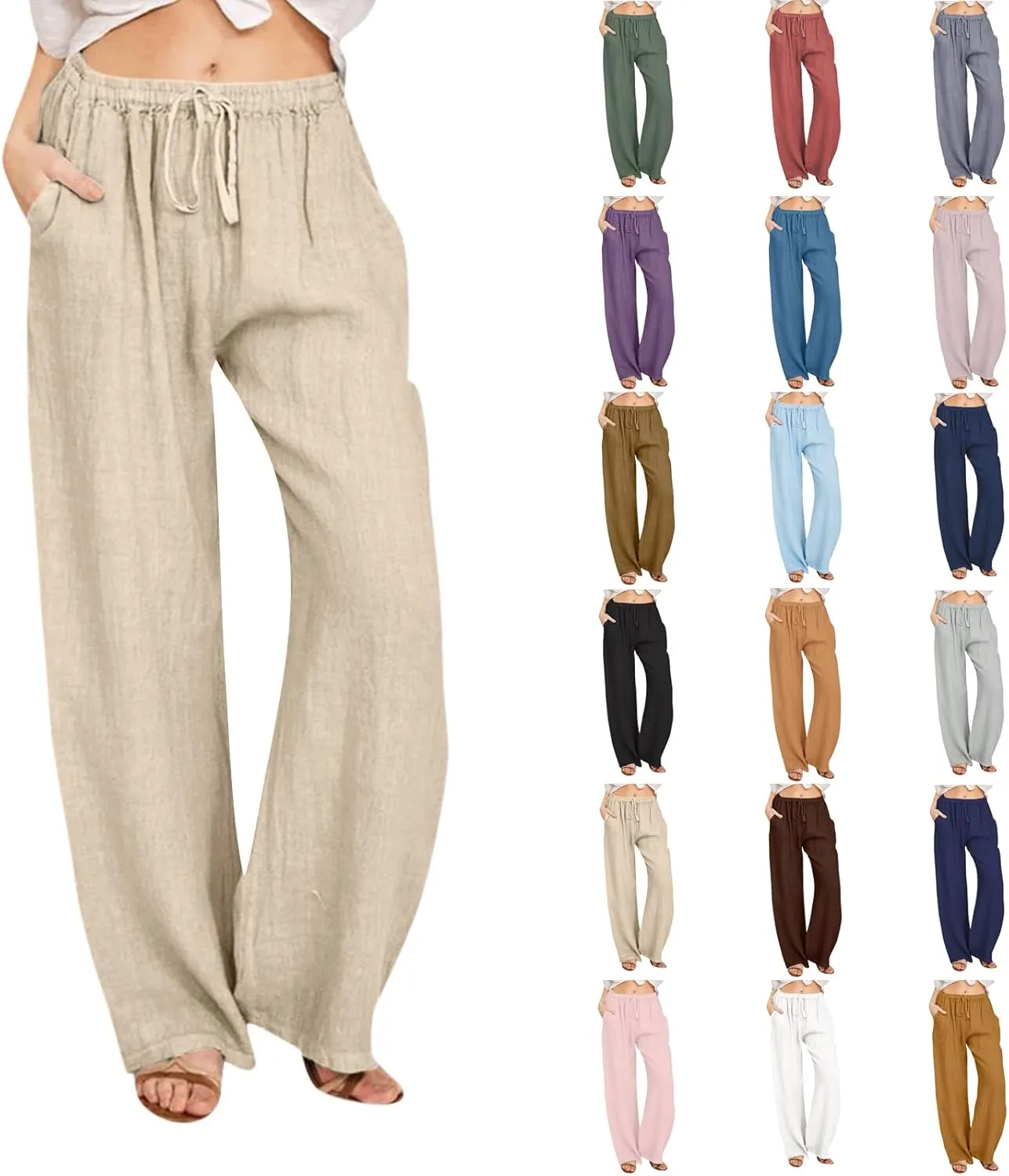 Linen Pants Women Casual Summer Drawstring Waist Wide Leg Pants with Pockets Baggy Lightweight Beach Trousers