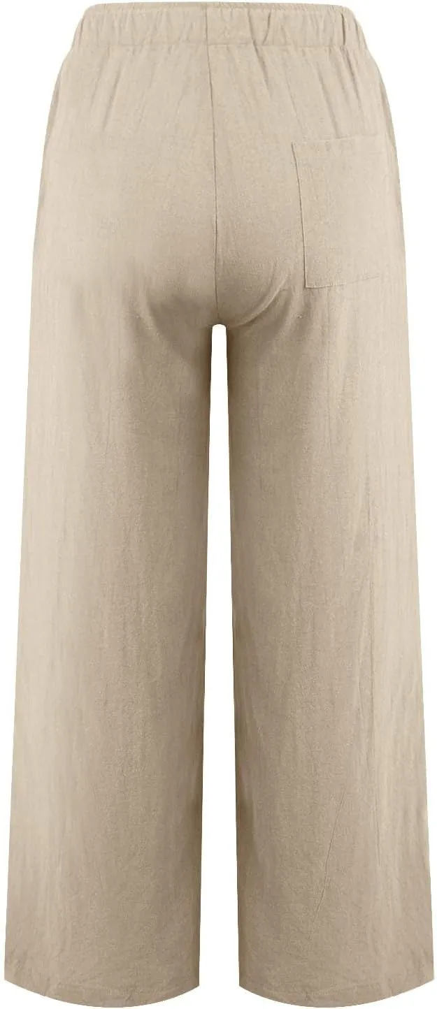 Linen Pants Women Casual Summer Drawstring Waist Wide Leg Pants with Pockets Baggy Lightweight Beach Trousers