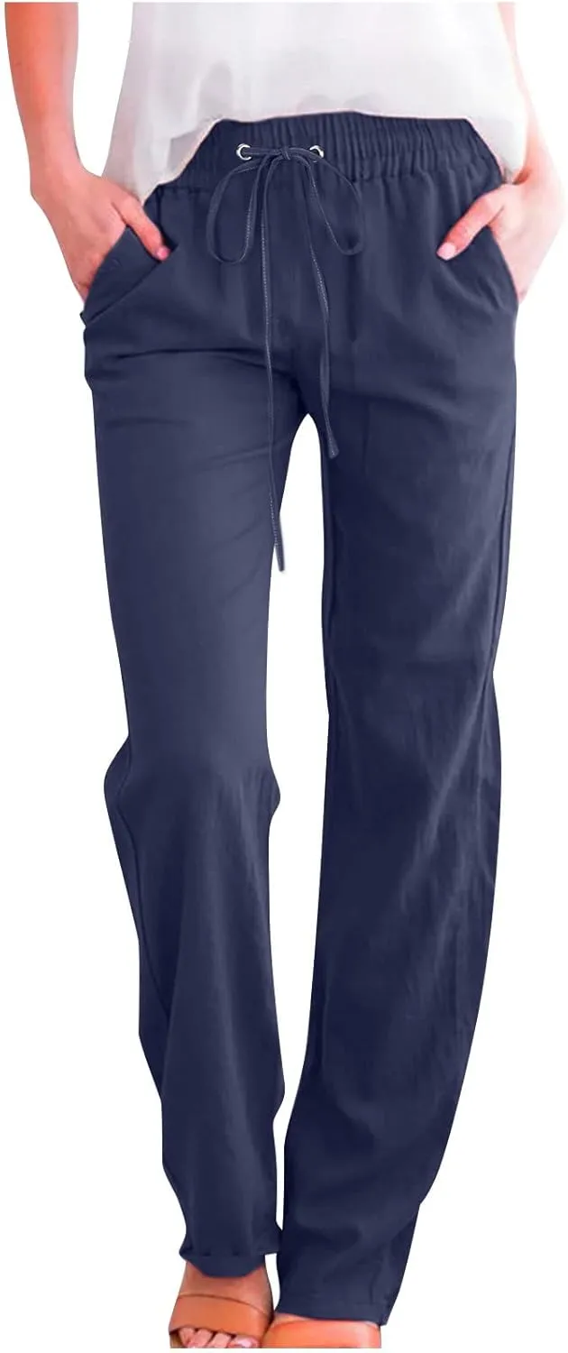 Linen Pants Women Straight Wide Leg Pants High Waisted Casual Summer Pants Lounge Beach Trousers with Pockets