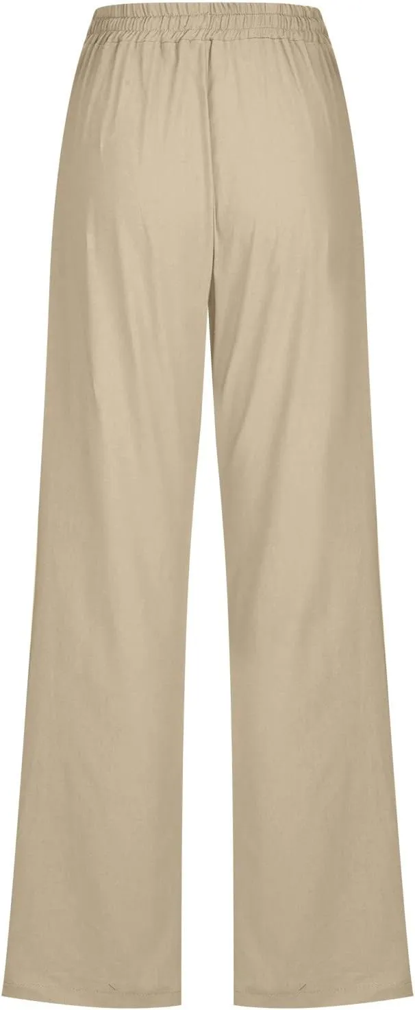 Linen Pants Women Straight Wide Leg Pants High Waisted Casual Summer Pants Lounge Beach Trousers with Pockets