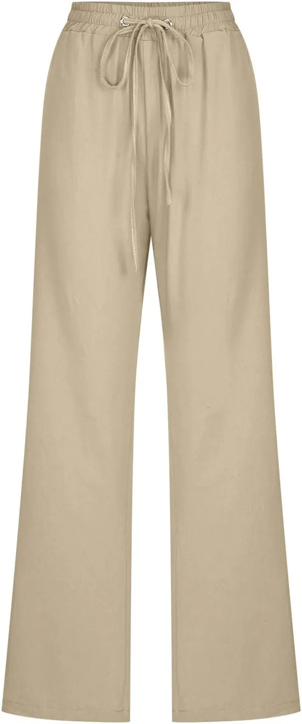 Linen Pants Women Straight Wide Leg Pants High Waisted Casual Summer Pants Lounge Beach Trousers with Pockets