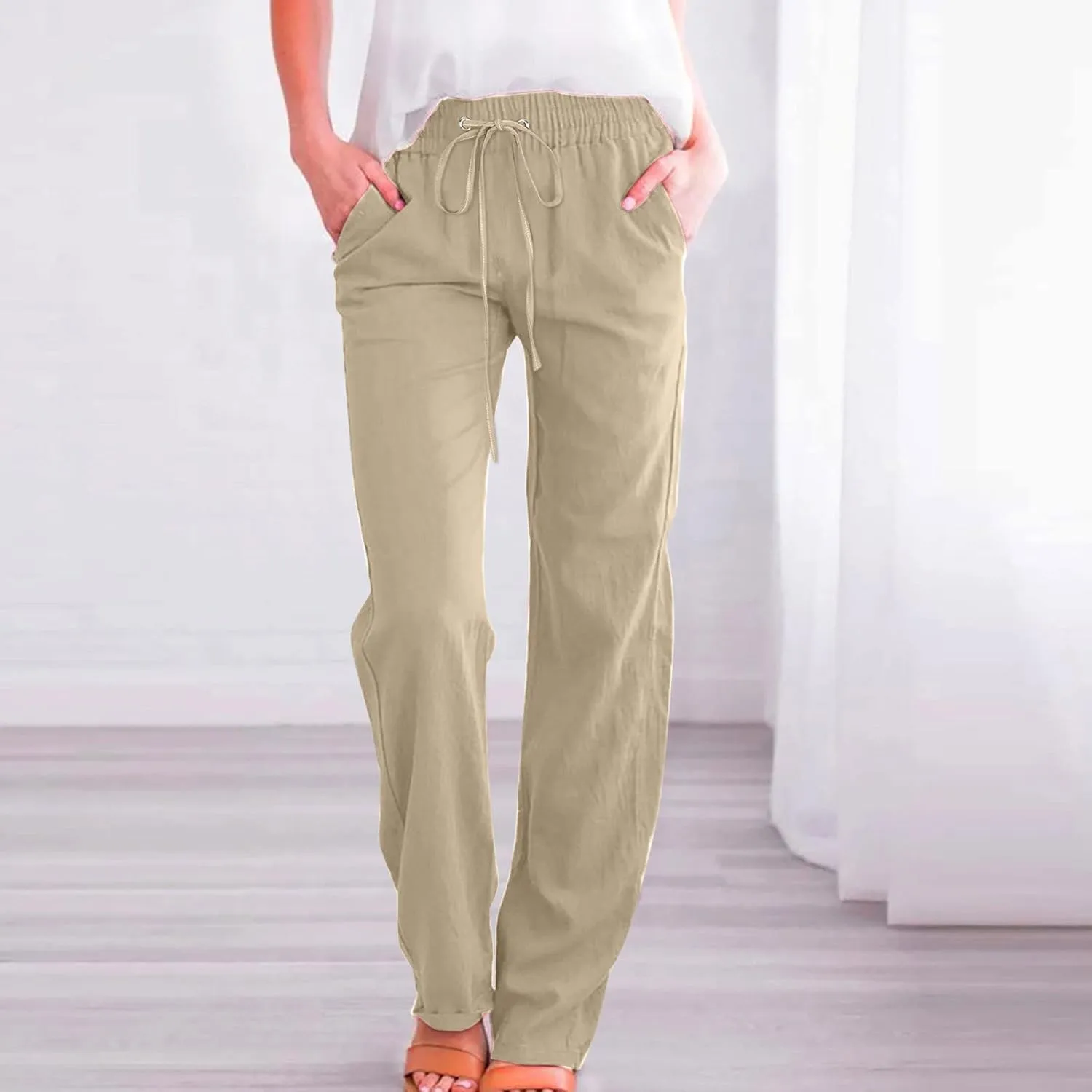 Linen Pants Women Straight Wide Leg Pants High Waisted Casual Summer Pants Lounge Beach Trousers with Pockets