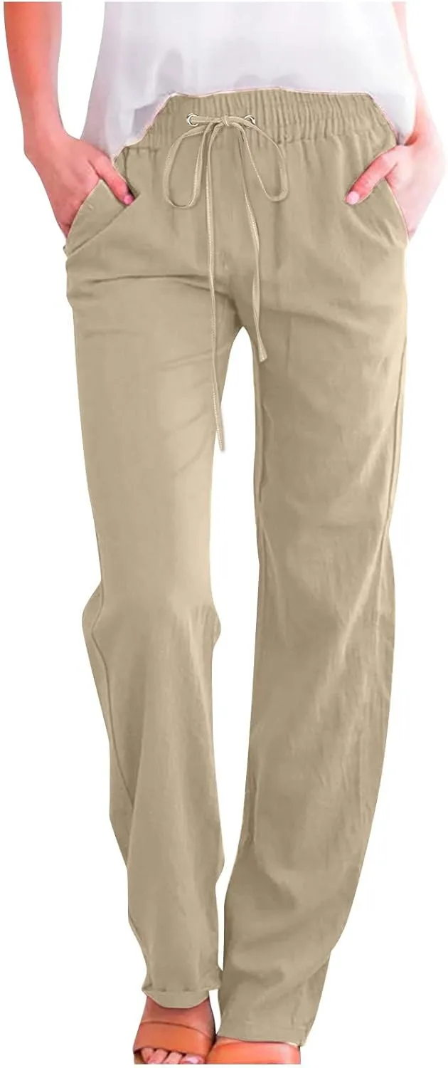 Linen Pants Women Straight Wide Leg Pants High Waisted Casual Summer Pants Lounge Beach Trousers with Pockets