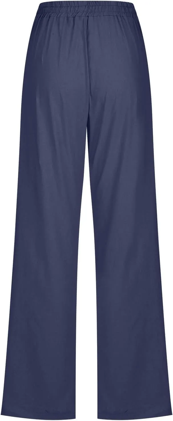 Linen Pants Women Straight Wide Leg Pants High Waisted Casual Summer Pants Lounge Beach Trousers with Pockets
