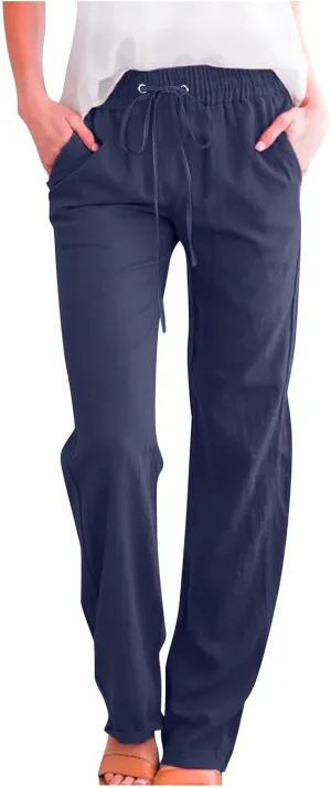 Linen Pants Women Straight Wide Leg Pants High Waisted Casual Summer Pants Lounge Beach Trousers with Pockets