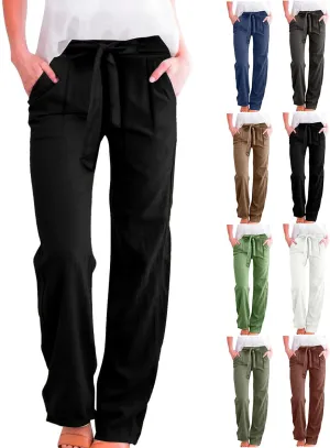 Linen Pants Women Summer Straight Leg High Waisted Work Pants with Pockets Plus Size Elastic Waist Pants Trousers