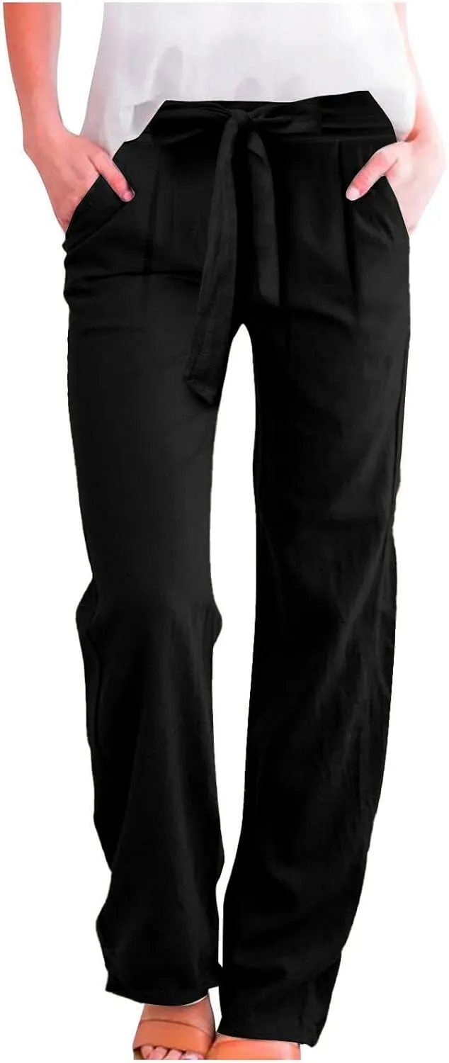 Linen Pants Women Summer Straight Leg High Waisted Work Pants with Pockets Plus Size Elastic Waist Pants Trousers