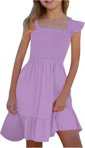 Little Girls Summer Smocked Dresses Cute Teen Ruffle Sleeveless Holiday Sundress 3-14 Years