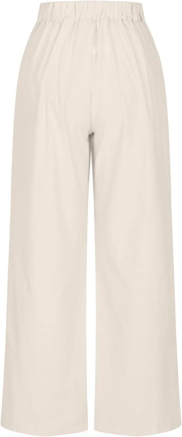 Lmdudan Wide Leg Capri Pants for Women High Waist Cotton Linen Flowy Pleated Capris Cropped Pant Casual Trousers with Pockets