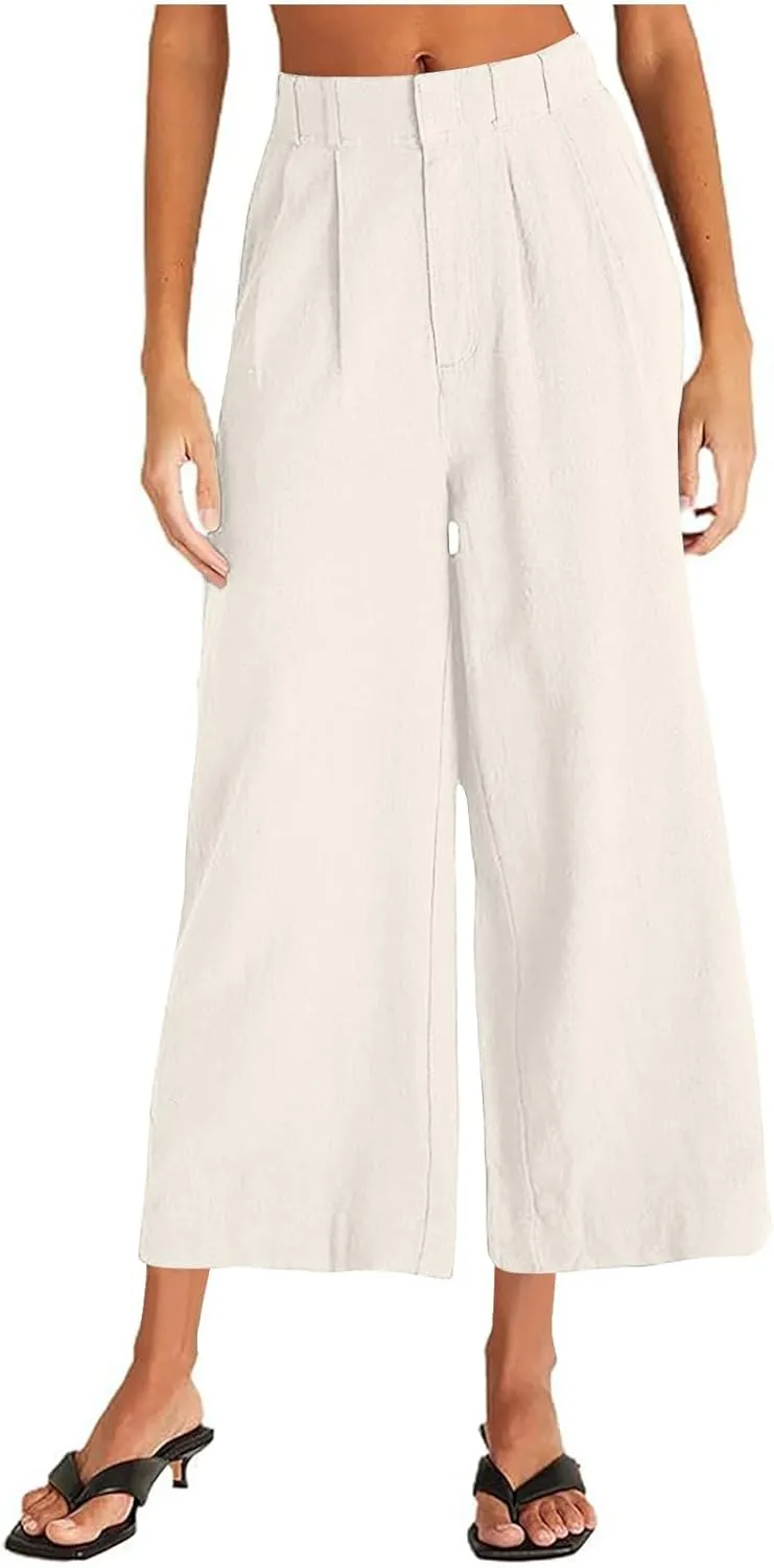 Lmdudan Wide Leg Capri Pants for Women High Waist Cotton Linen Flowy Pleated Capris Cropped Pant Casual Trousers with Pockets