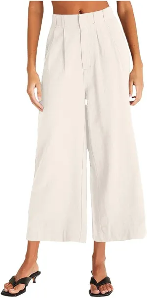 Lmdudan Wide Leg Capri Pants for Women High Waist Cotton Linen Flowy Pleated Capris Cropped Pant Casual Trousers with Pockets