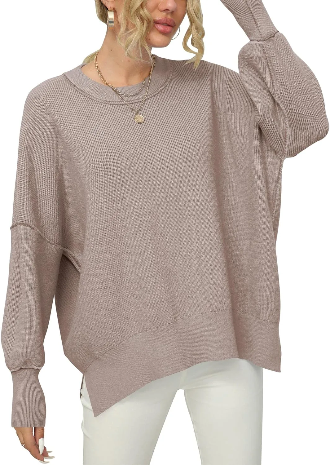 LOGENE Women's Oversized Batwing Long Sleeve Crewneck Side Slit Ribbed Knit Pullover Sweater Tops