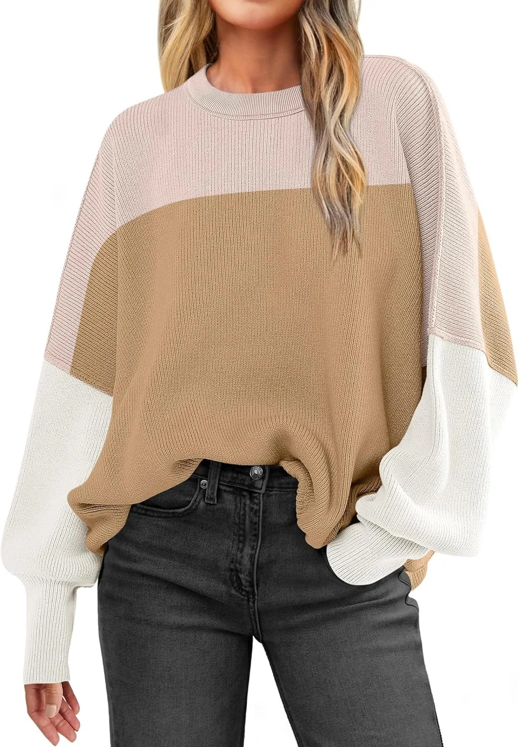 LOGENE Women's Oversized Batwing Long Sleeve Crewneck Side Slit Ribbed Knit Pullover Sweater Tops