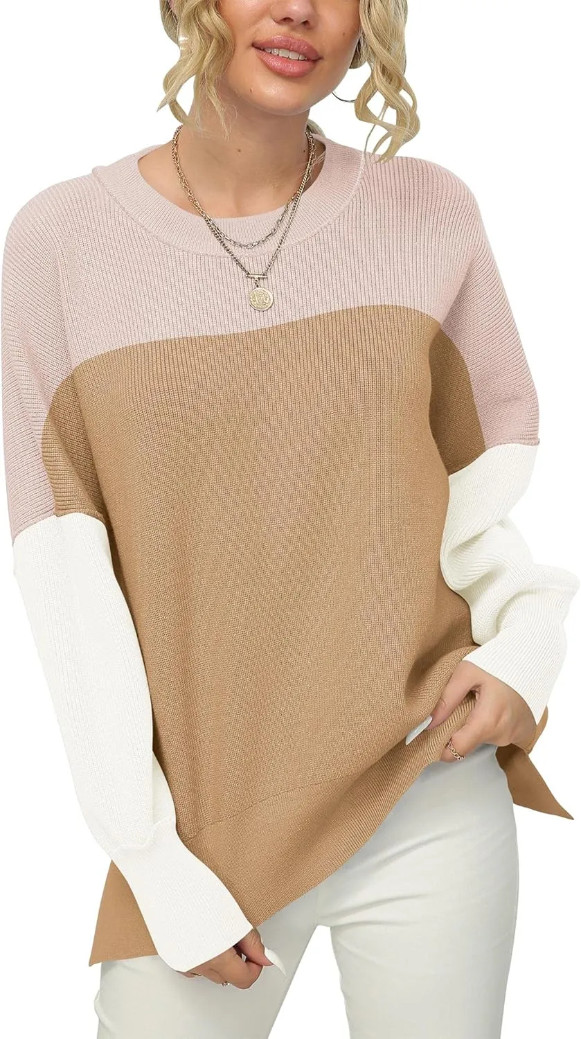 LOGENE Women's Oversized Batwing Long Sleeve Crewneck Side Slit Ribbed Knit Pullover Sweater Tops