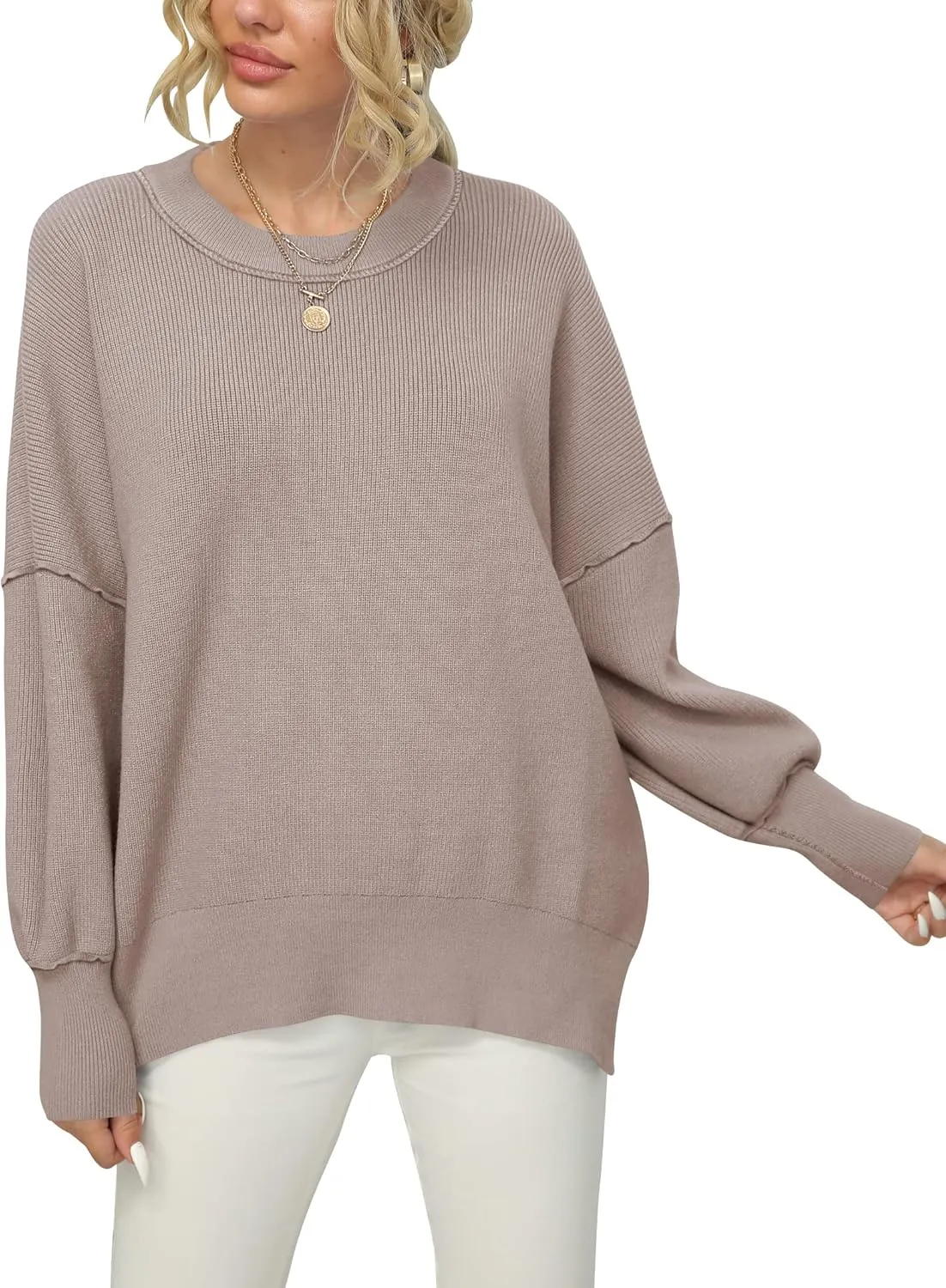 LOGENE Women's Oversized Batwing Long Sleeve Crewneck Side Slit Ribbed Knit Pullover Sweater Tops