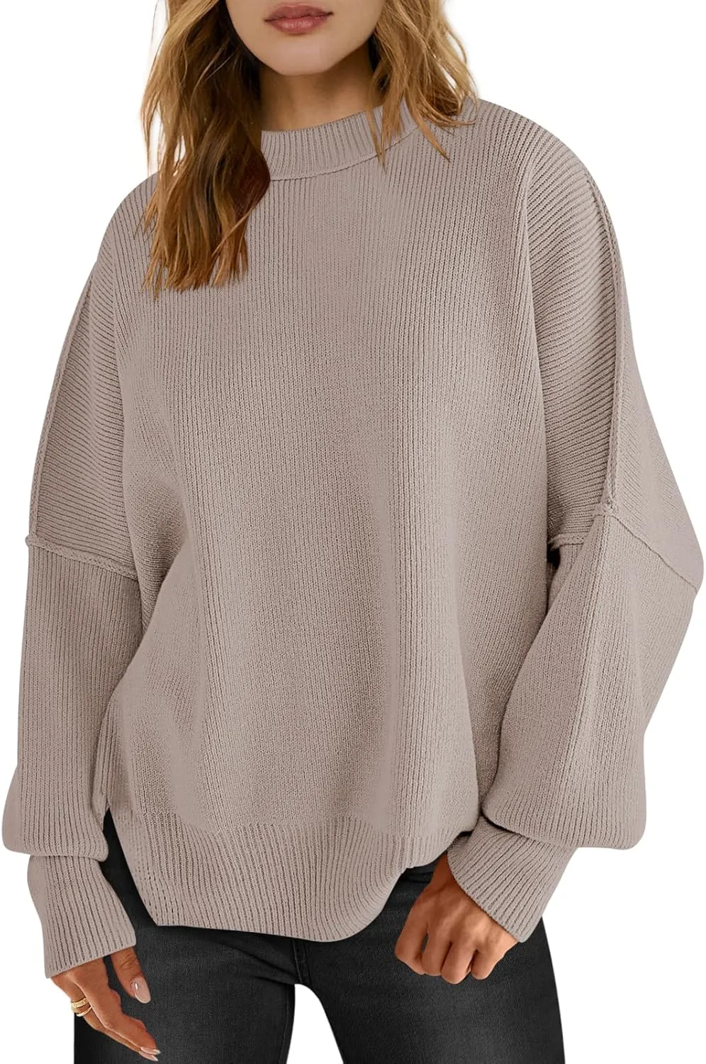 LOGENE Women's Oversized Batwing Long Sleeve Crewneck Side Slit Ribbed Knit Pullover Sweater Tops