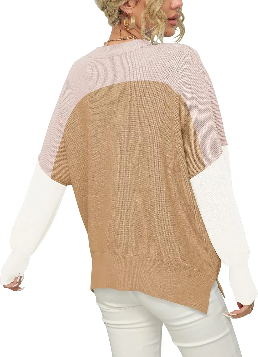 LOGENE Women's Oversized Batwing Long Sleeve Crewneck Side Slit Ribbed Knit Pullover Sweater Tops