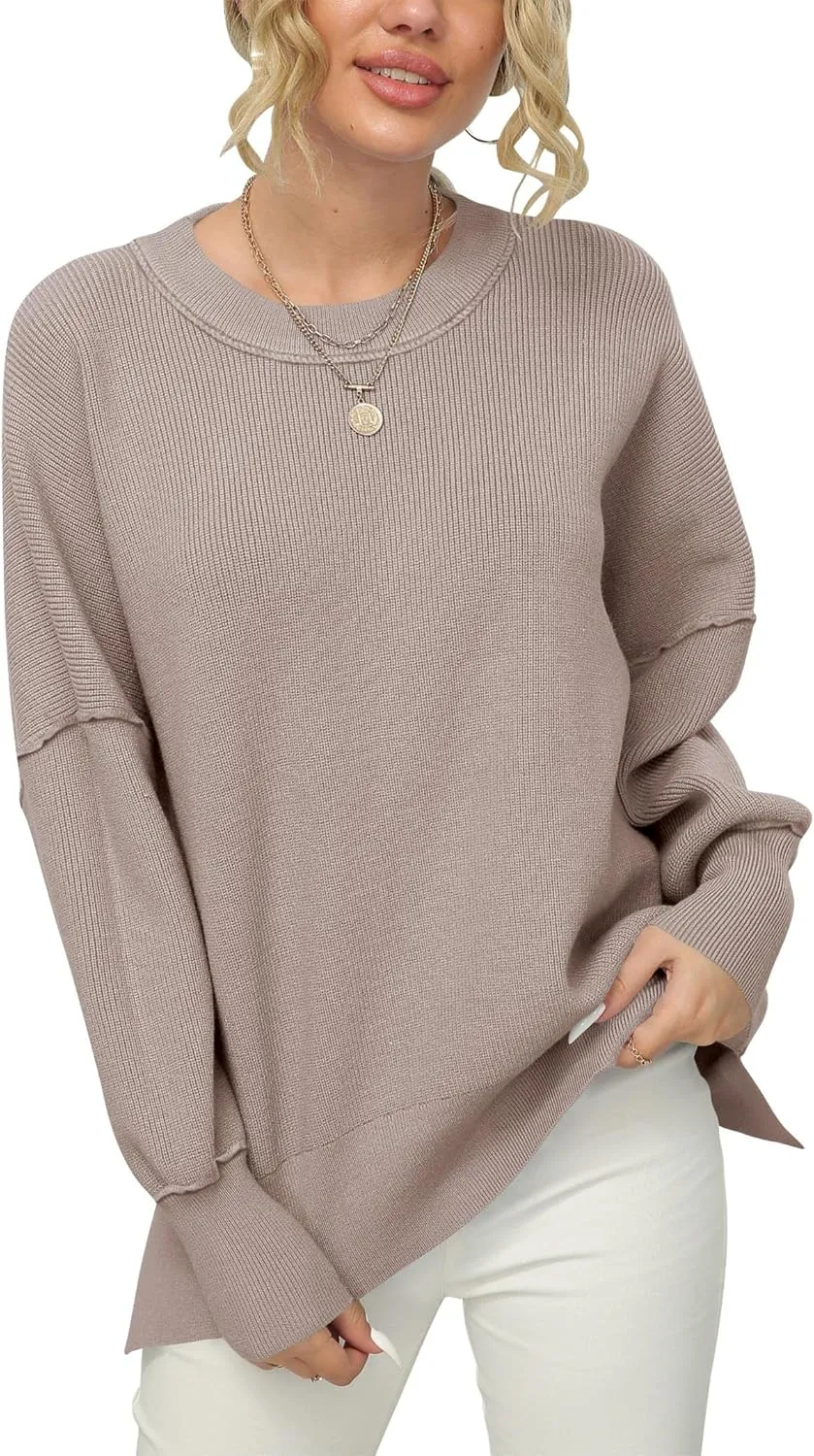 LOGENE Women's Oversized Batwing Long Sleeve Crewneck Side Slit Ribbed Knit Pullover Sweater Tops