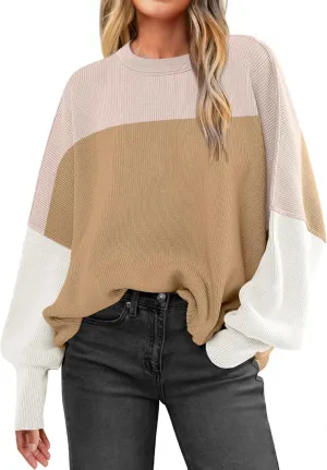 LOGENE Women's Oversized Batwing Long Sleeve Crewneck Side Slit Ribbed Knit Pullover Sweater Tops
